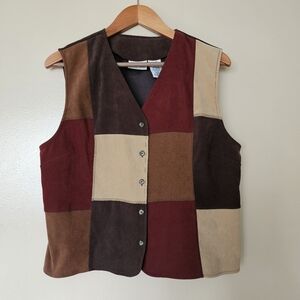 Vtg Boho Patchwork Faux Suede Button Up Vest Size XL Earthy Brown And Cream